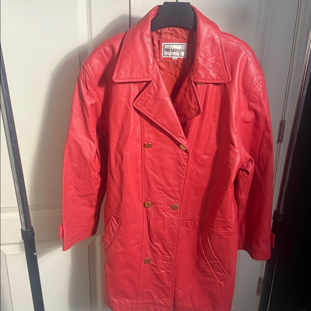 Vintage Braeffer Red Double Breasted Leather Trench/Car Coat Size 16